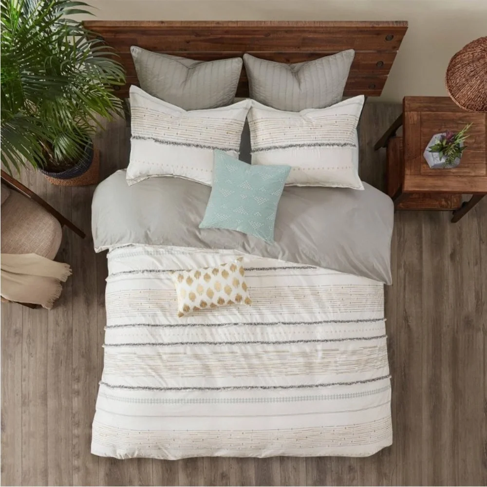 INK + IVY NWT new cotton printed duvet cover set -gray/ivory -full/queen